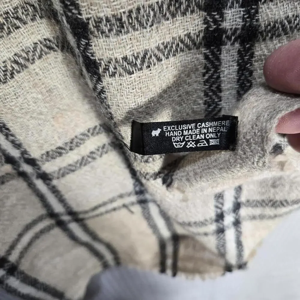 Handmade Nepal Cashmere Plaid Shawl Wrap Scarf Cream Black Checkered